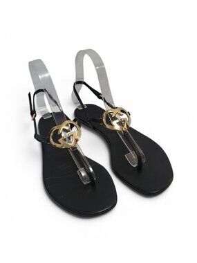 Gucci Interlocking Heart GG Sandal Ellesmere Black Leather Flat Thongs